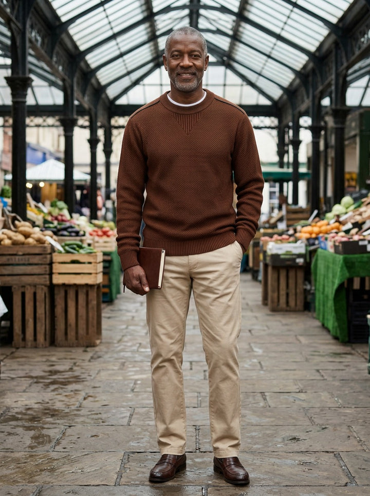 Fraser textured knit crew sweater in Brown, lifestyle in a covered market hall, Gentlemens Manor