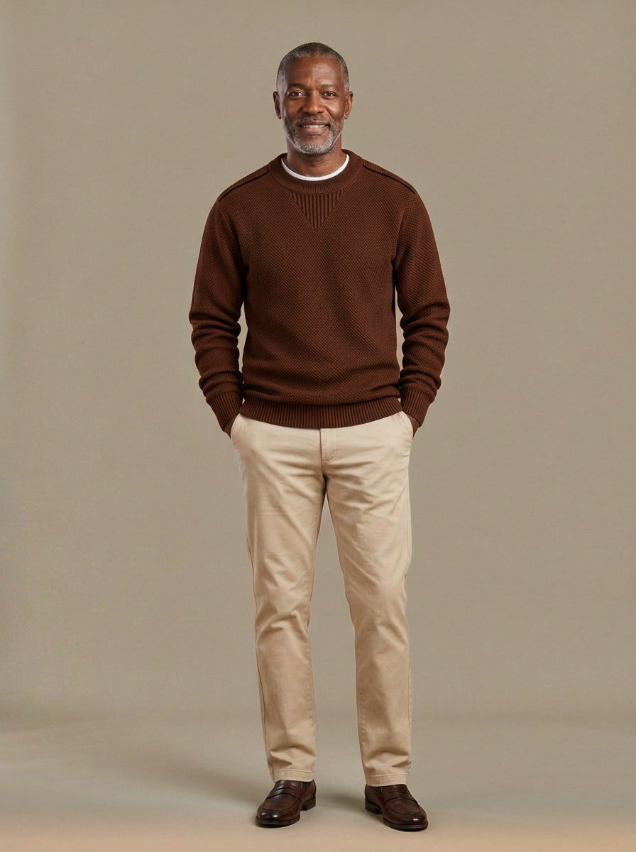 Fraser textured knit crew sweater in Brown, studio, Gentlemens Manor