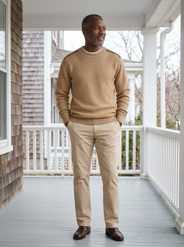 Fraser textured knit crew sweater in Camel, lifestyle on a covered porch, Gentlemens Manor
