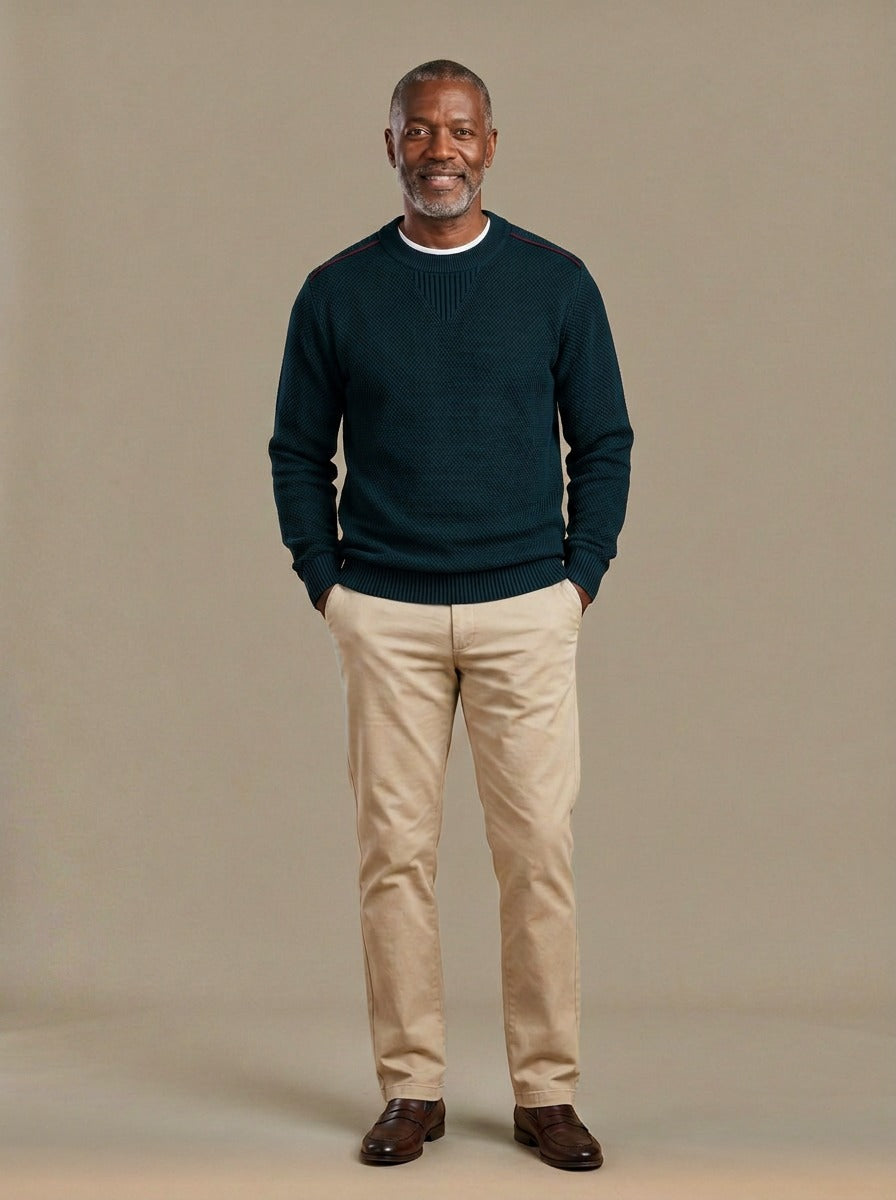 Fraser textured knit crew sweater in Navy, studio, Gentlemens Manor