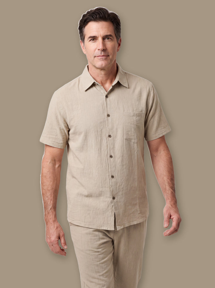 Frederick two piece set in Sand, worn by a model on a warm taupe studio background - Gentlemens Manor