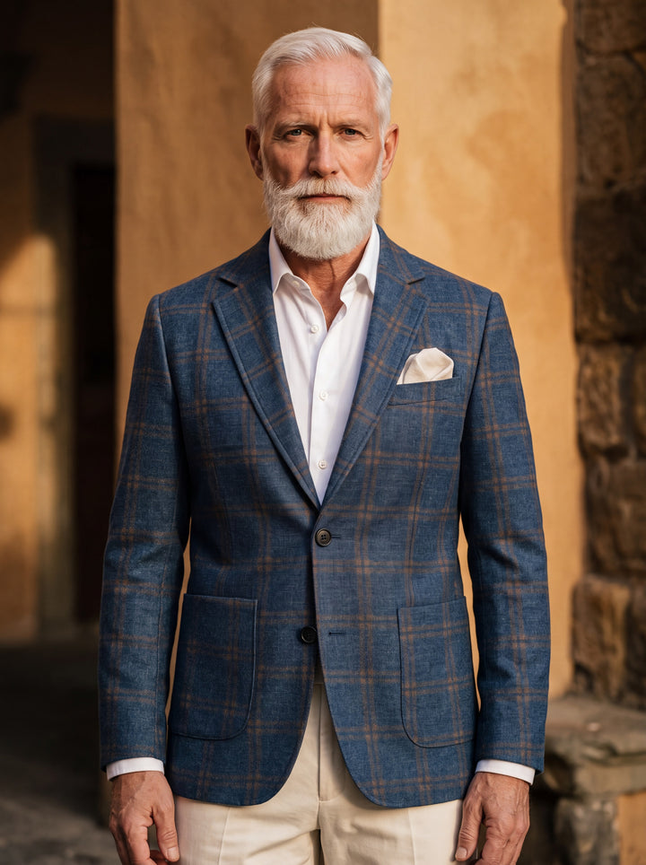 Fulton blazer in Blue, worn by a model in a Mediterranean setting - Gentlemens Manor lifestyle