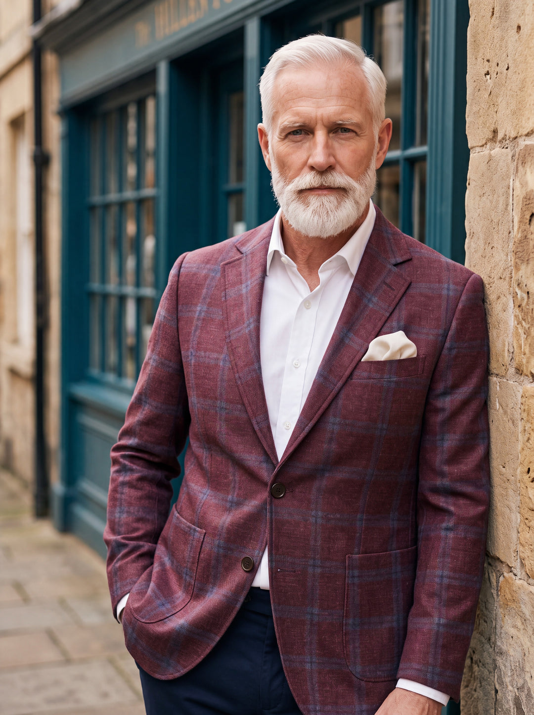 Fulton blazer in Burgundy, worn by a model in a Mediterranean setting - Gentlemens Manor lifestyle