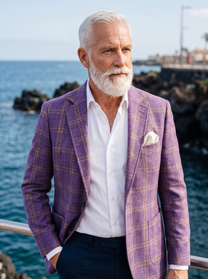 Fulton blazer in Purple, worn by a model in a Mediterranean setting - Gentlemens Manor lifestyle
