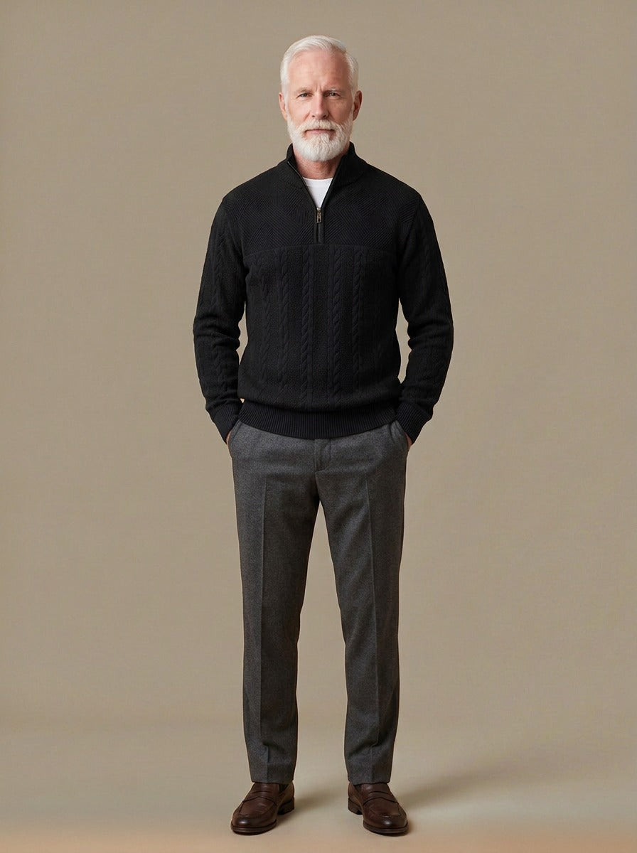 Gage cable quarter zip sweater in Black, studio, Gentlemens Manor