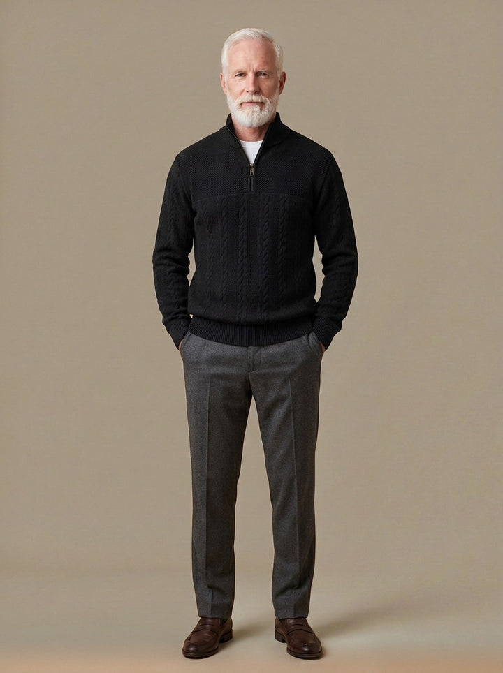 Gage cable quarter zip sweater in Black, studio, Gentlemens Manor