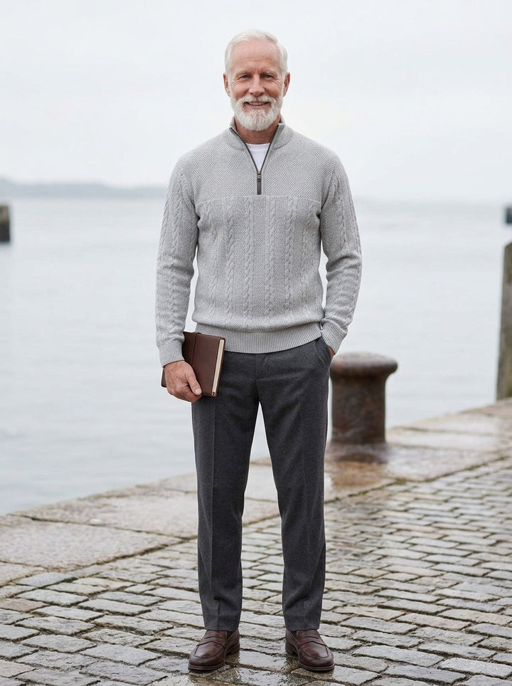Gage cable quarter zip sweater in Light Grey, lifestyle on a stone harbor quay, Gentlemens Manor