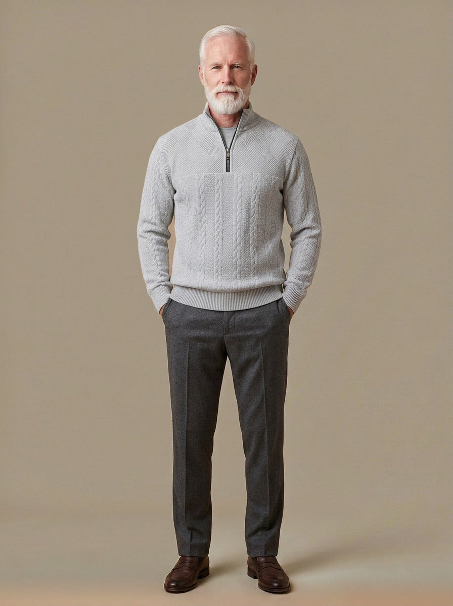 Gage cable quarter zip sweater in Light Grey, studio, Gentlemens Manor