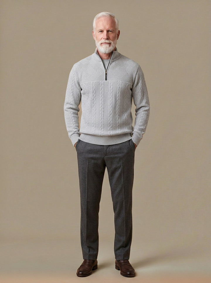 Gage cable quarter zip sweater in Light Grey, studio, Gentlemens Manor