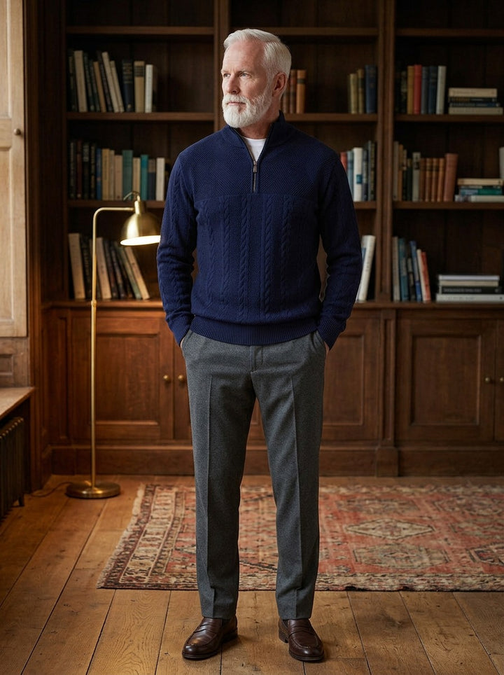 Gage cable quarter zip sweater in Navy, lifestyle in a private study, Gentlemens Manor