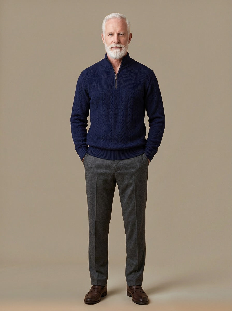 Gage cable quarter zip sweater in Navy, studio, Gentlemens Manor