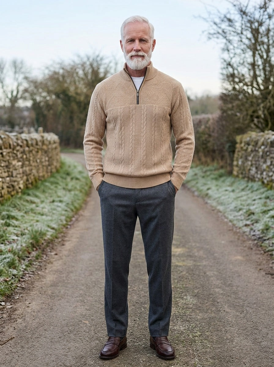 Gage cable quarter zip sweater in Sand, lifestyle on a country lane, Gentlemens Manor