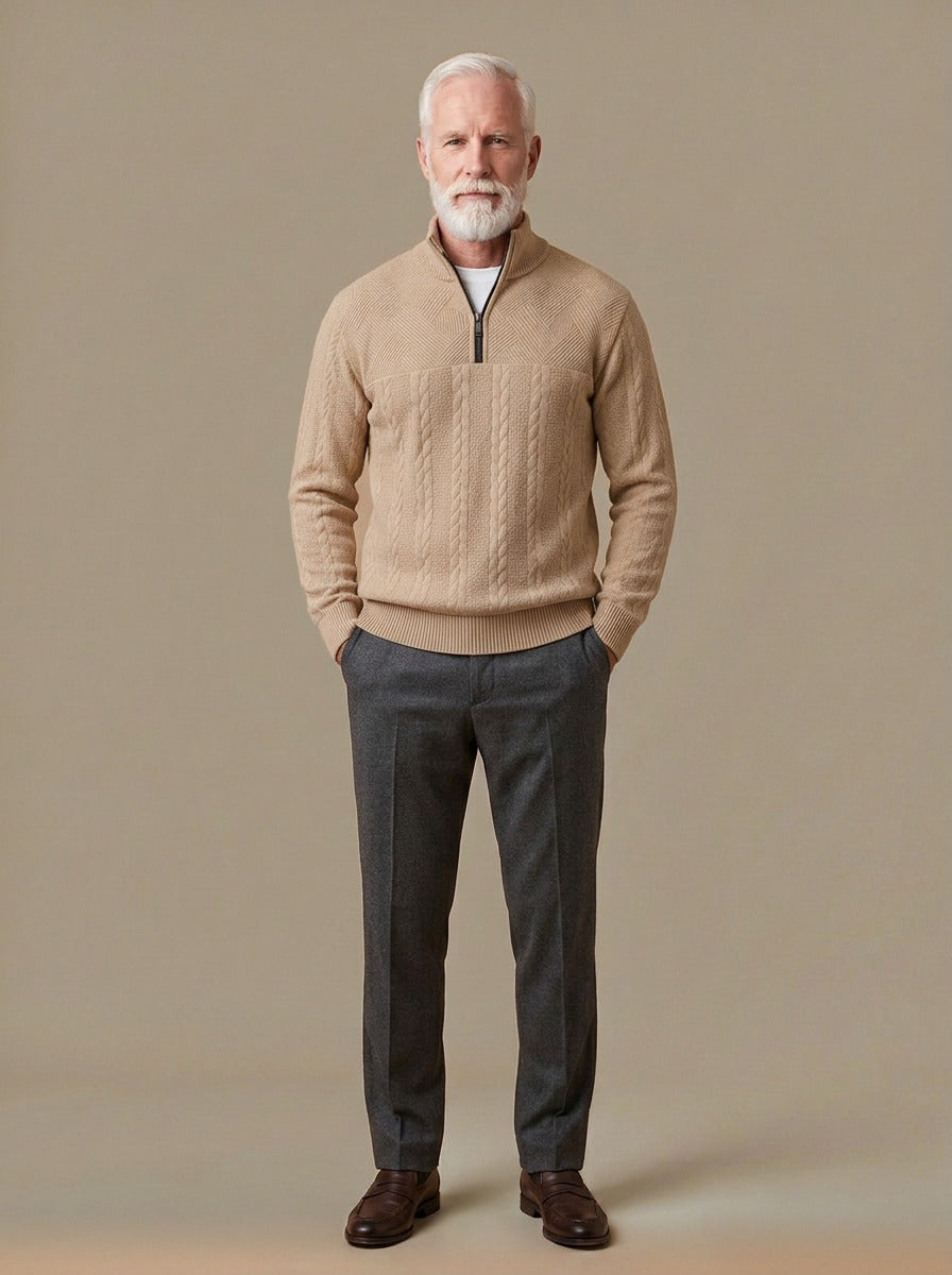 Gage cable quarter zip sweater in Sand, studio, Gentlemens Manor