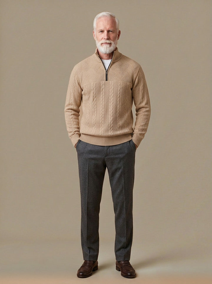 Gage cable quarter zip sweater in Sand, studio, Gentlemens Manor