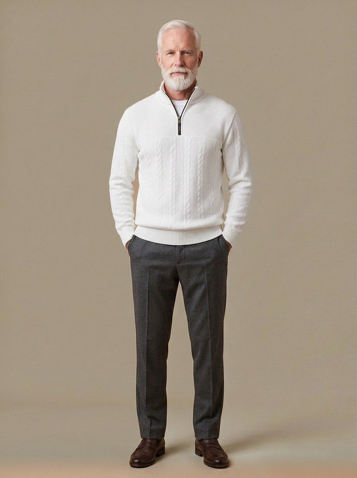 Gage cable quarter zip sweater in White, studio, Gentlemens Manor