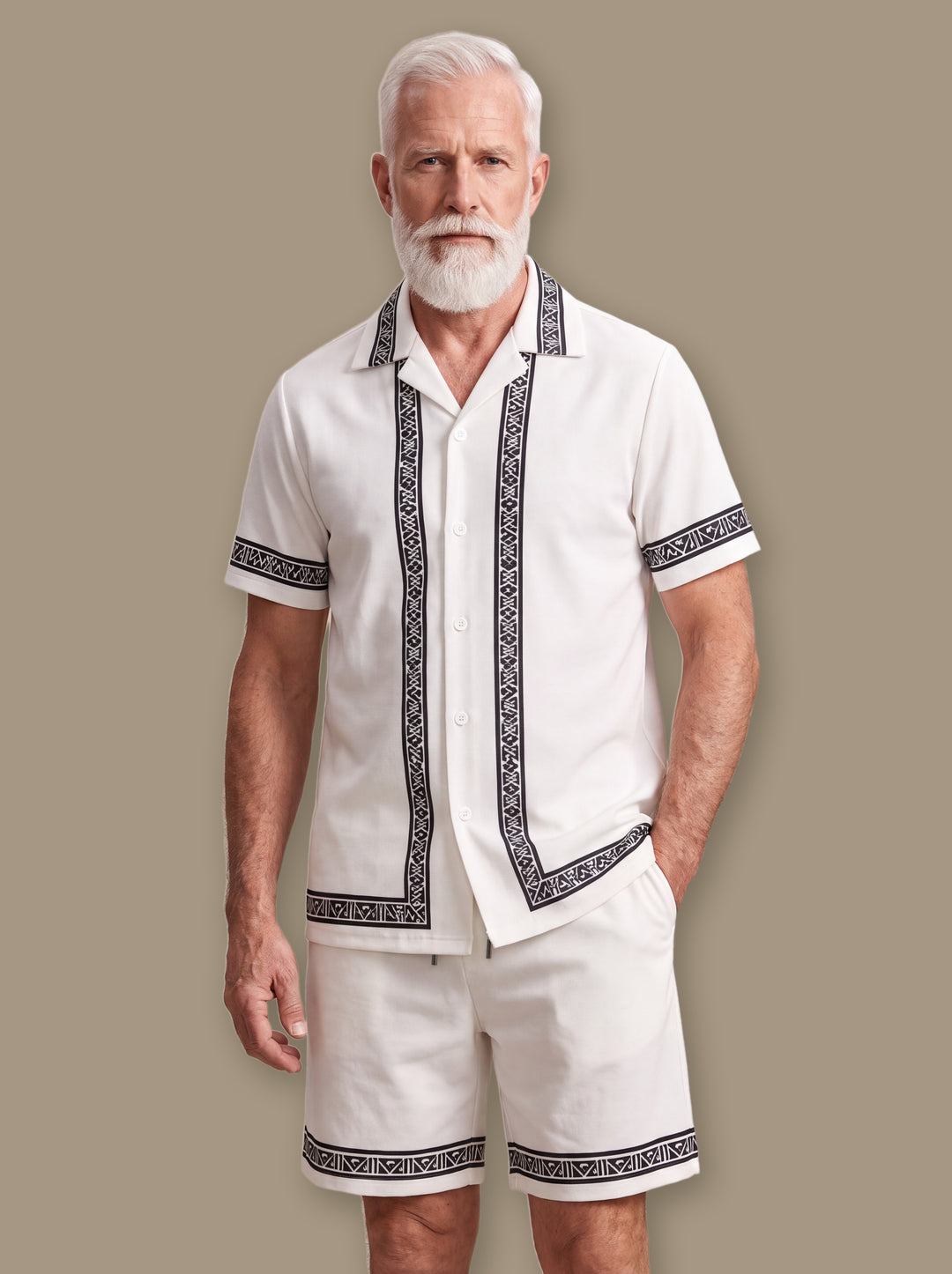 Galen two piece set in Cream, worn by a model on a warm taupe studio background - Gentlemens Manor
