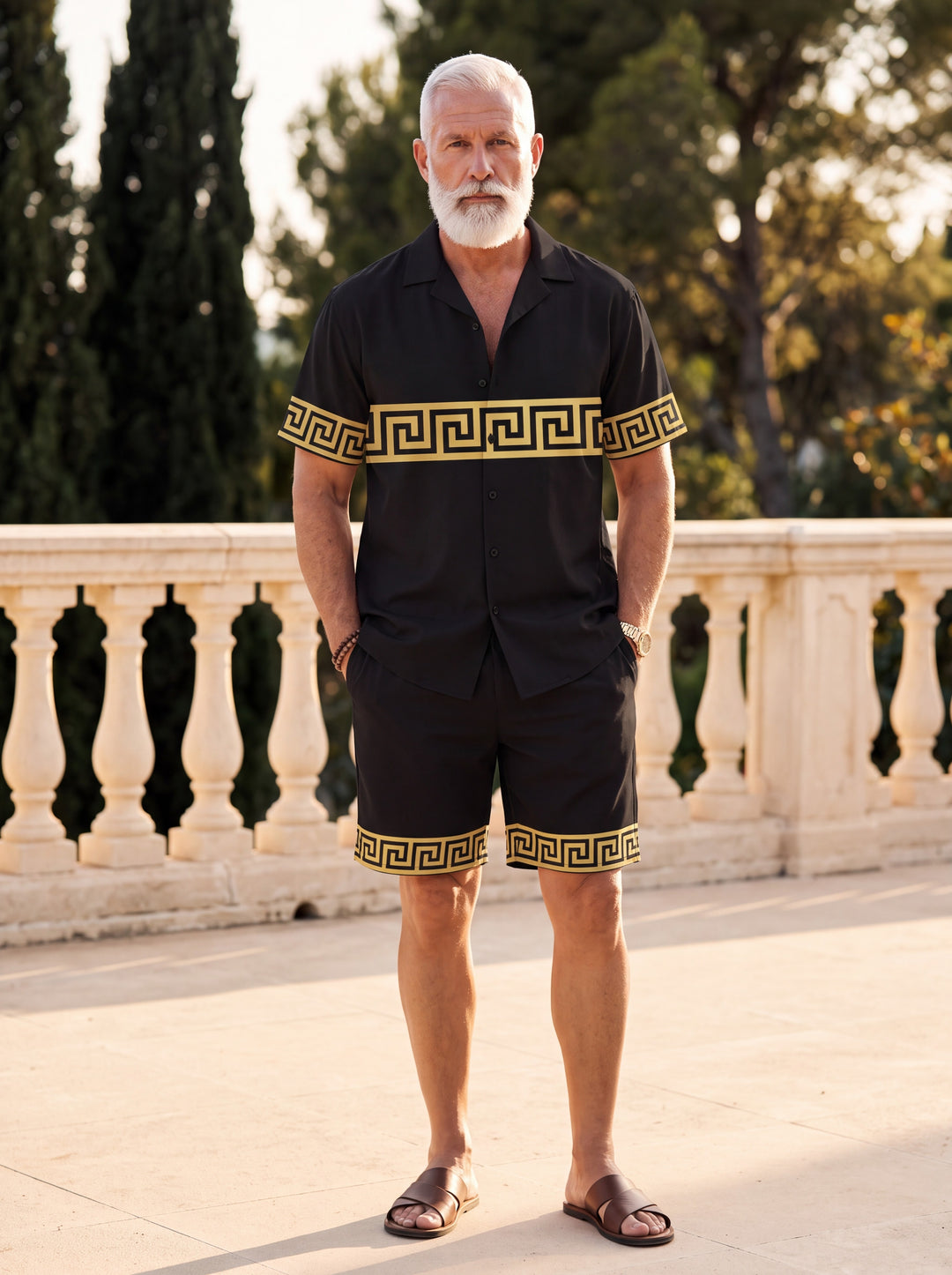 Galen Men two-piece summer set in Black/Mustard, worn by a model in a Mediterranean setting - Gentlemens Manor lifestyle