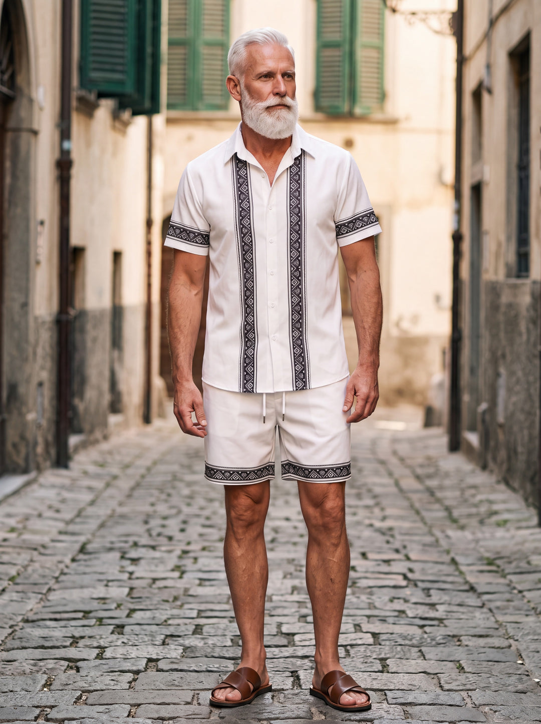 Galen Men two-piece summer set in white, worn by a model in a Mediterranean setting - Gentlemens Manor lifestyle