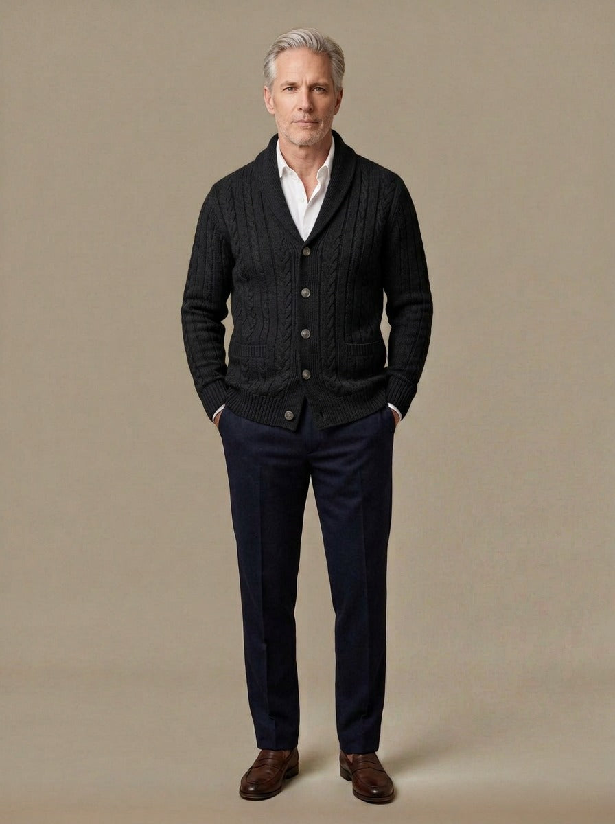 Galloway cardigan in Black, studio, Gentlemens Manor
