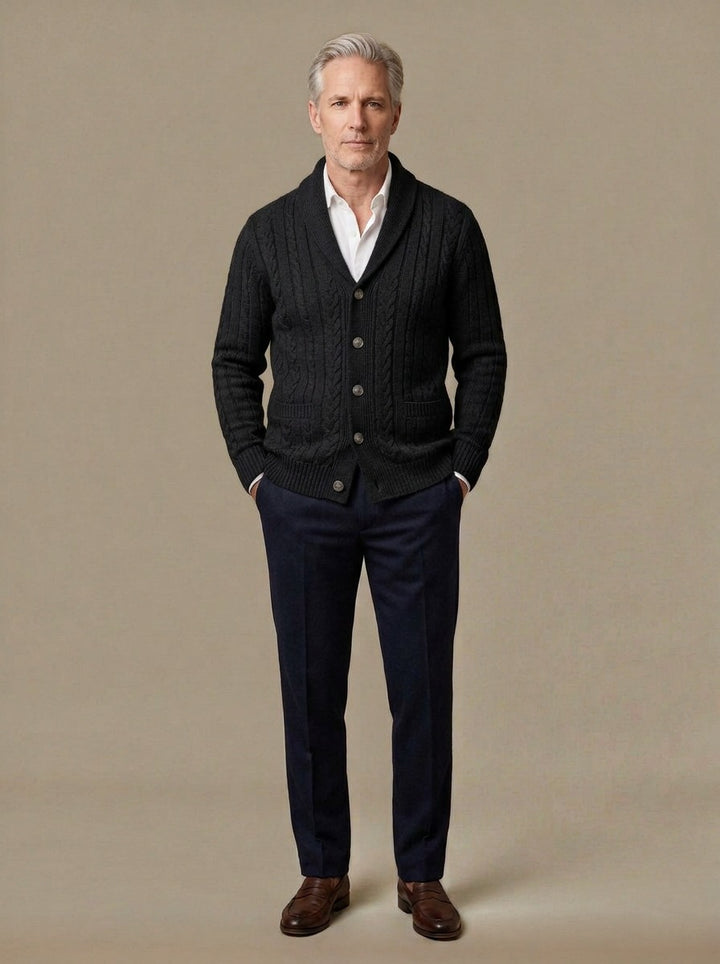 Galloway cardigan in Black, studio, Gentlemens Manor