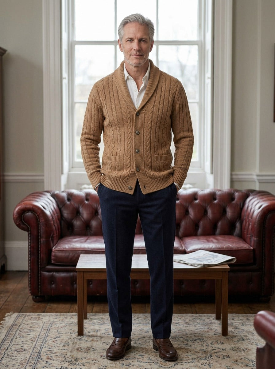Galloway cardigan in Camel, lifestyle in a club reading room, Gentlemens Manor