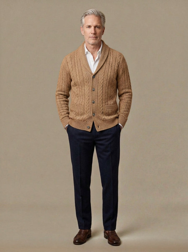 Galloway cardigan in Camel, studio, Gentlemens Manor