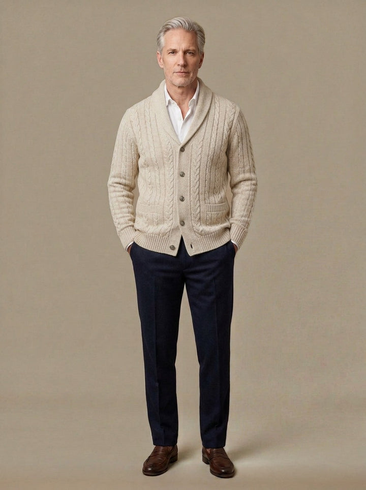 Galloway cardigan in Cream, studio, Gentlemens Manor