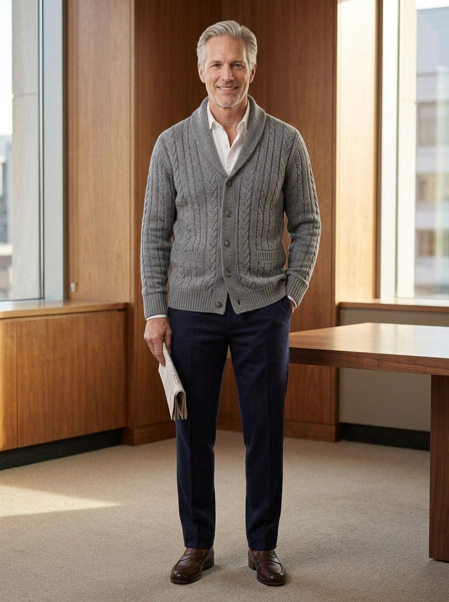 Galloway cardigan in Grey, lifestyle in a timber paneled office, Gentlemens Manor
