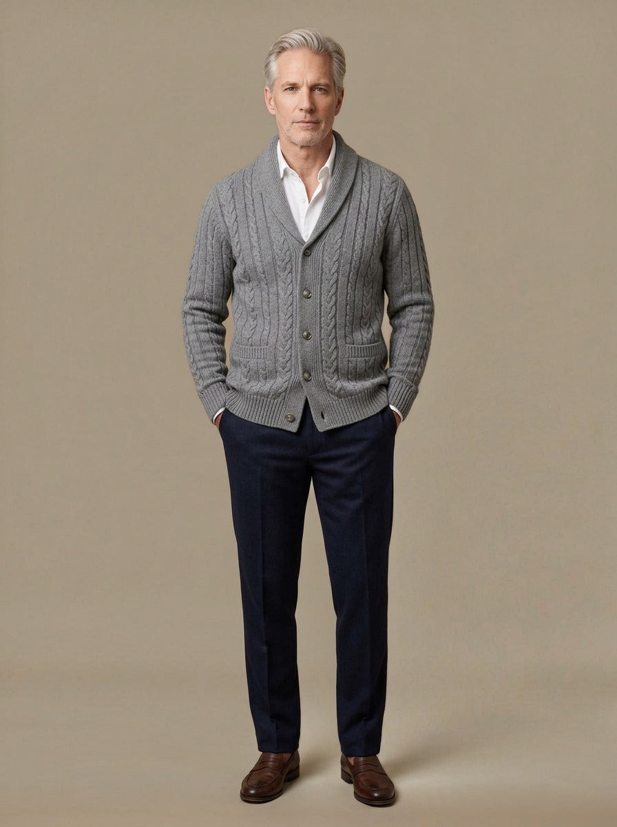 Galloway cardigan in Grey, studio, Gentlemens Manor