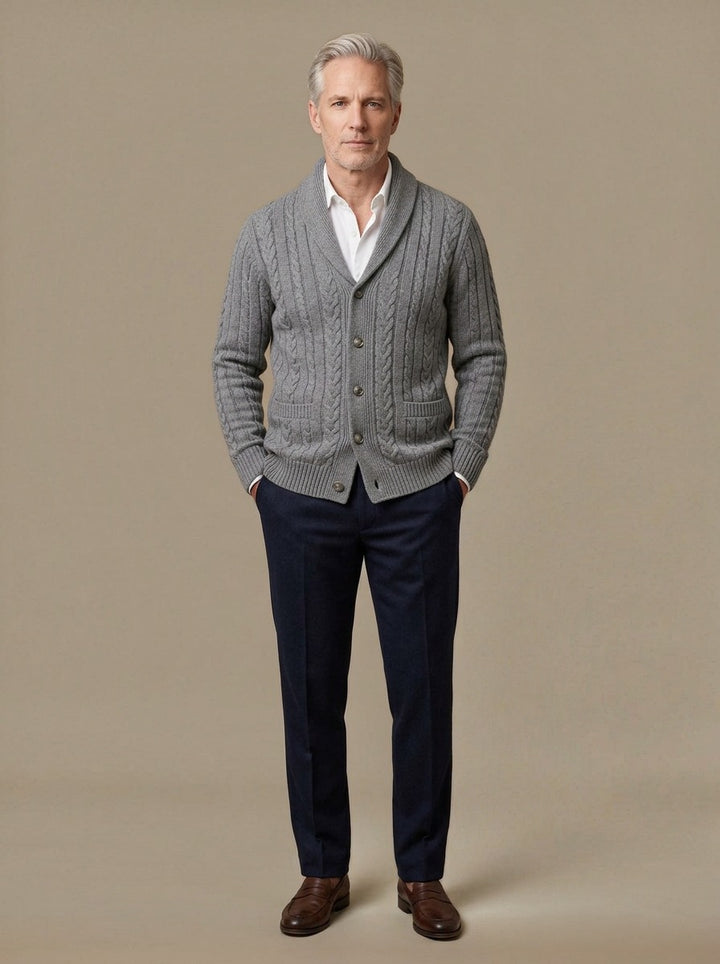 Galloway cardigan in Grey, studio, Gentlemens Manor