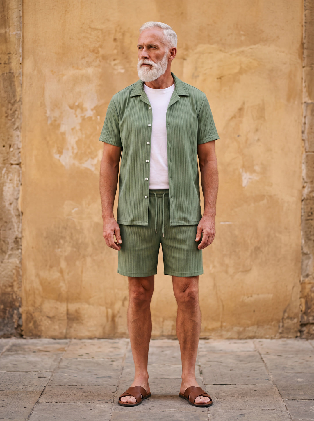 Gardner Men two-piece summer set in green, worn by a model in a Mediterranean setting - Gentlemens Manor lifestyle