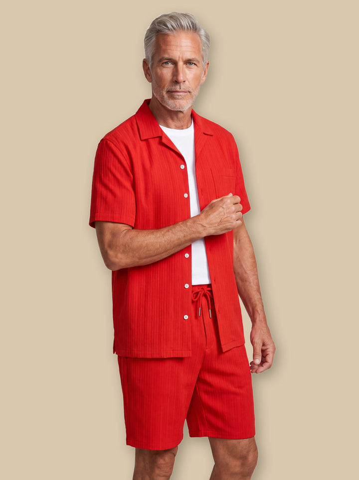 Gardner two piece set in Red, worn by a model on a warm sand studio background - Gentlemens Manor