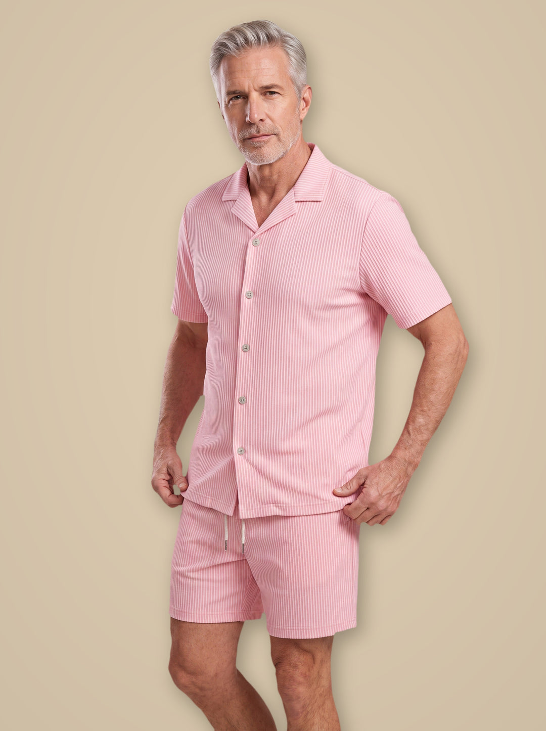 Garfield two piece set in Beige, worn by a model on a warm taupe studio background - Gentlemens Manor