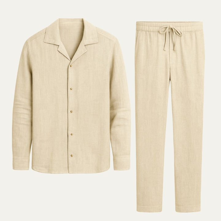 Garland two piece set in Beige, product flat lay - Gentlemens Manor