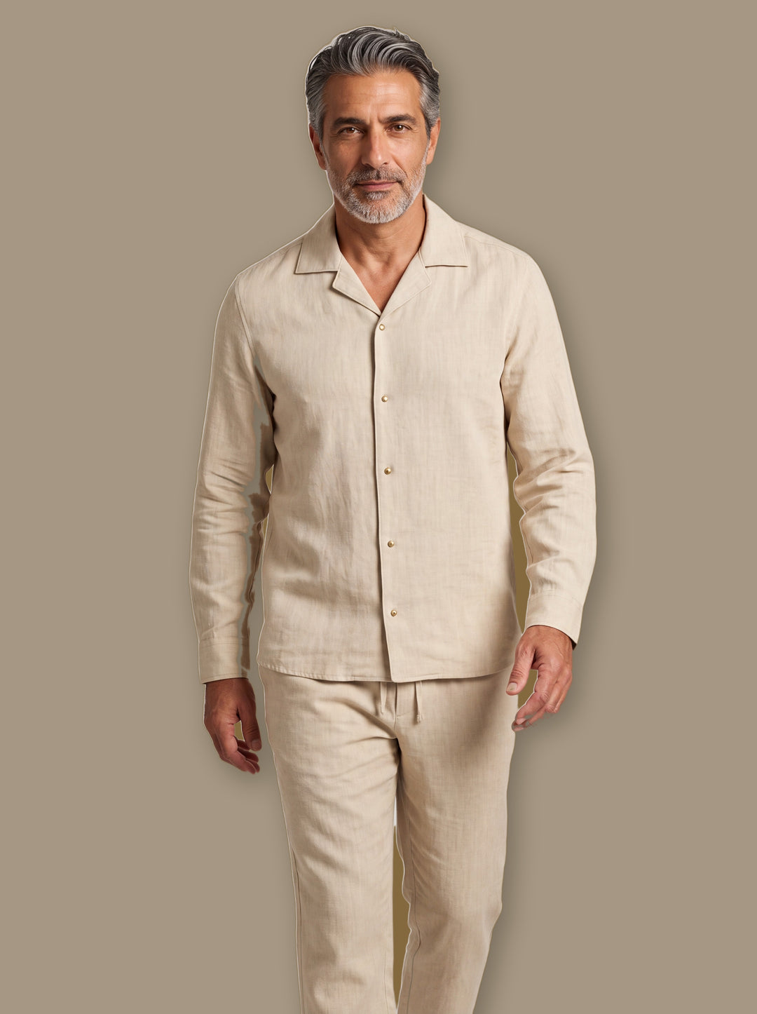 Garland two piece set in Beige, worn by a model on a warm taupe studio background - Gentlemens Manor
