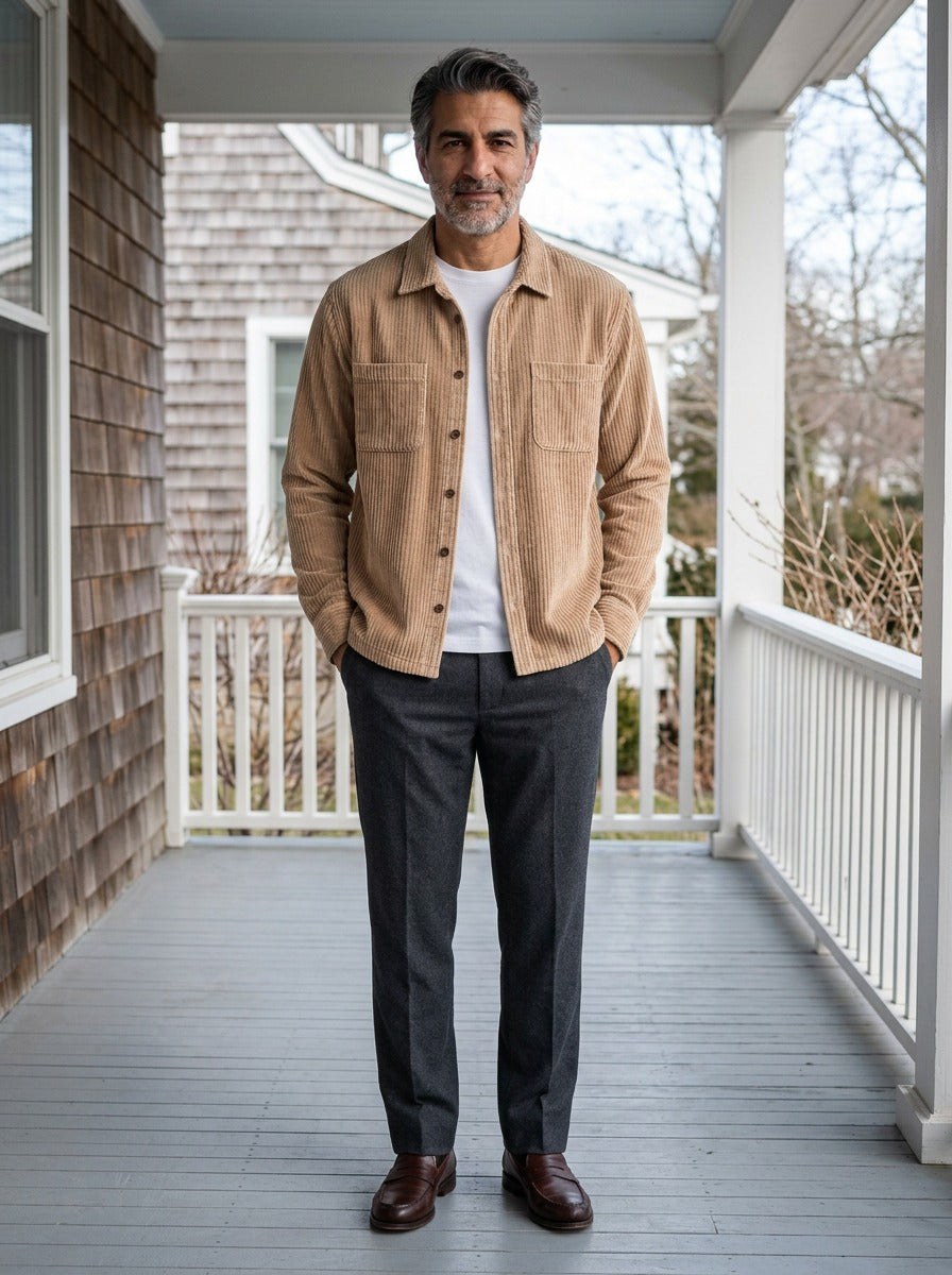 Garnett wide wale corduroy overshirt in Beige, lifestyle on a covered porch, Gentlemens Manor