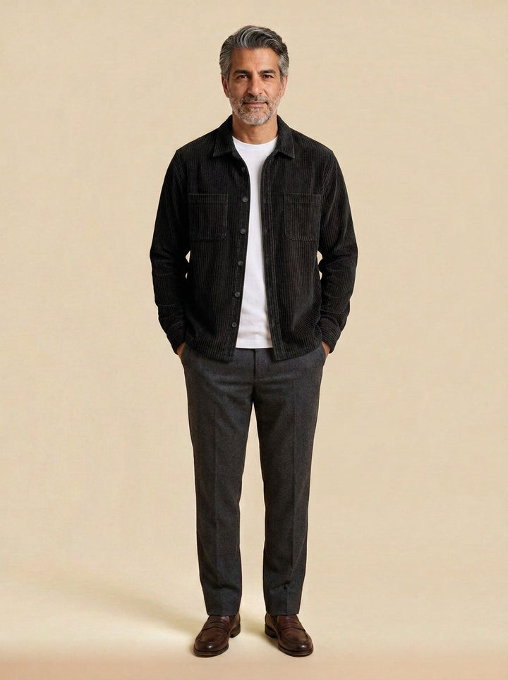 Garnett wide wale corduroy overshirt in Black, studio, Gentlemens Manor