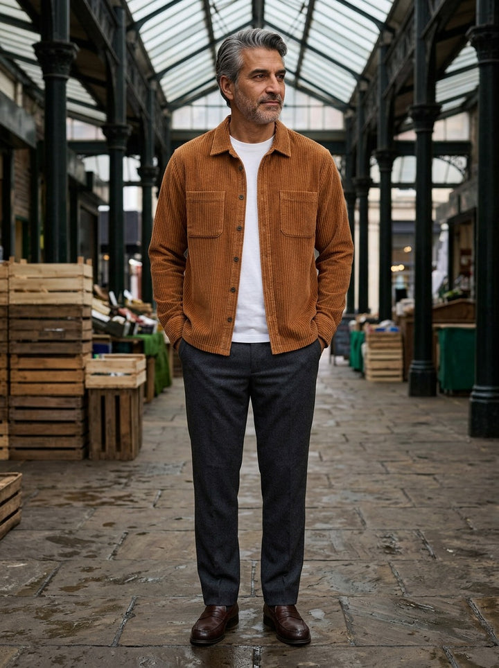 Garnett wide wale corduroy overshirt in Brown, lifestyle in a covered market hall, Gentlemens Manor