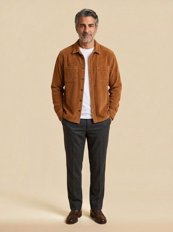 Garnett wide wale corduroy overshirt in Brown, studio, Gentlemens Manor