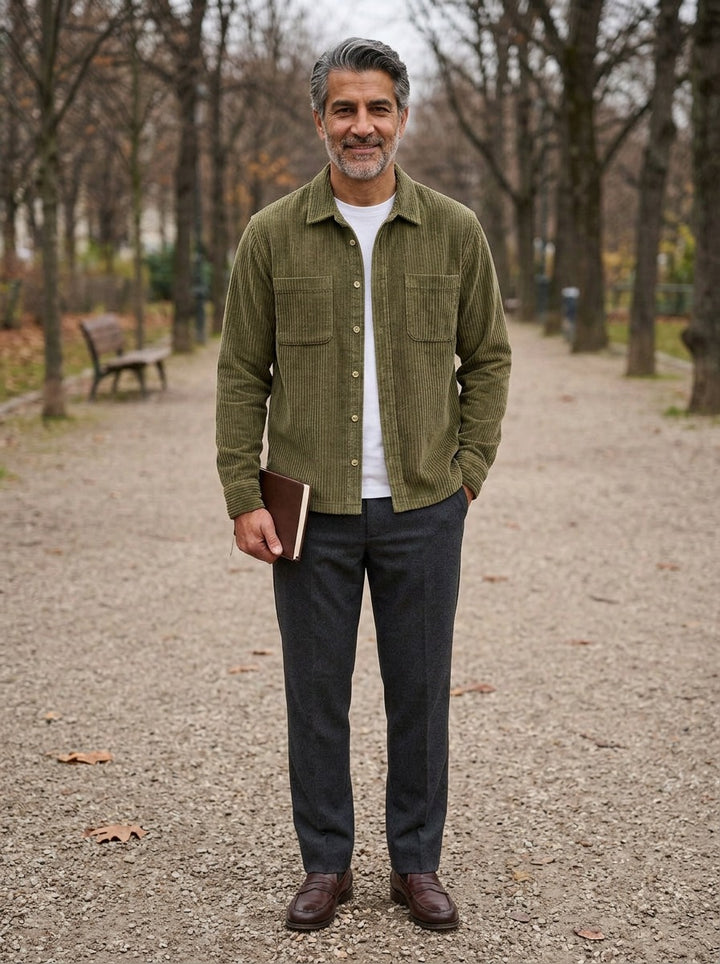 Garnett wide wale corduroy overshirt in Olive, lifestyle on a park path, Gentlemens Manor