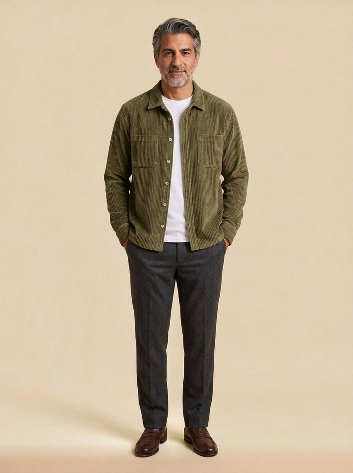 Garnett wide wale corduroy overshirt in Olive, studio, Gentlemens Manor