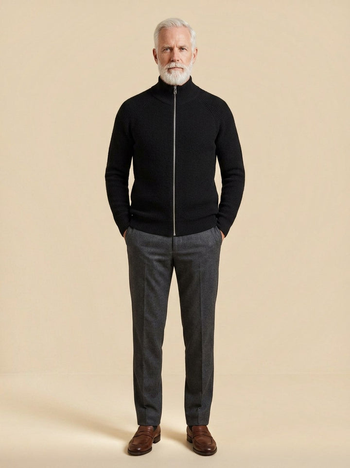 Garrick zip cardigan in Black, studio, Gentlemens Manor