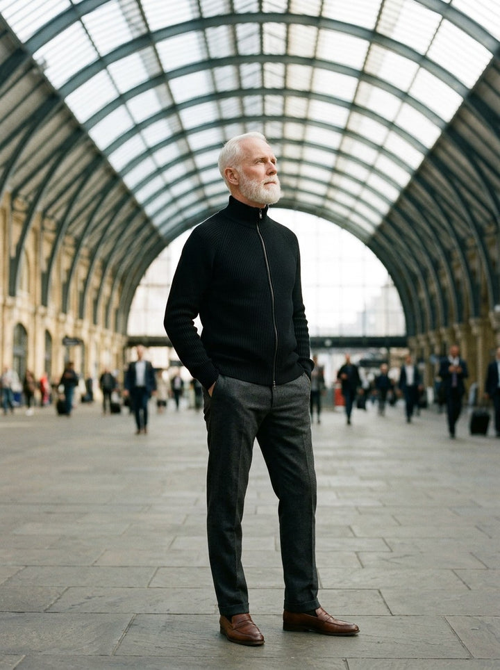 Garrick zip cardigan in Black, lifestyle, Gentlemens Manor