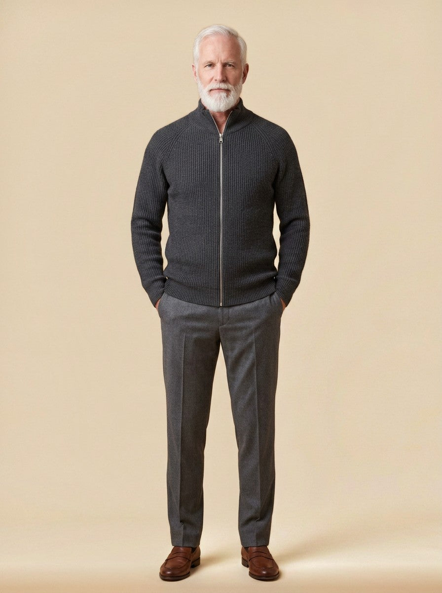 Garrick zip cardigan in Charcoal, studio, Gentlemens Manor