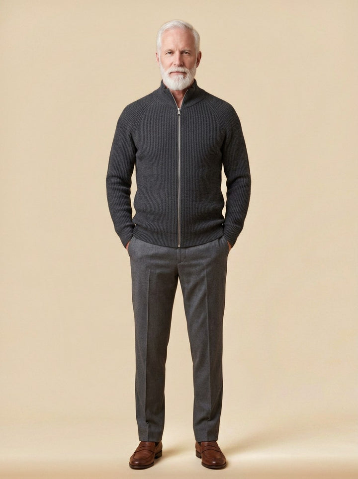 Garrick zip cardigan in Charcoal, studio, Gentlemens Manor