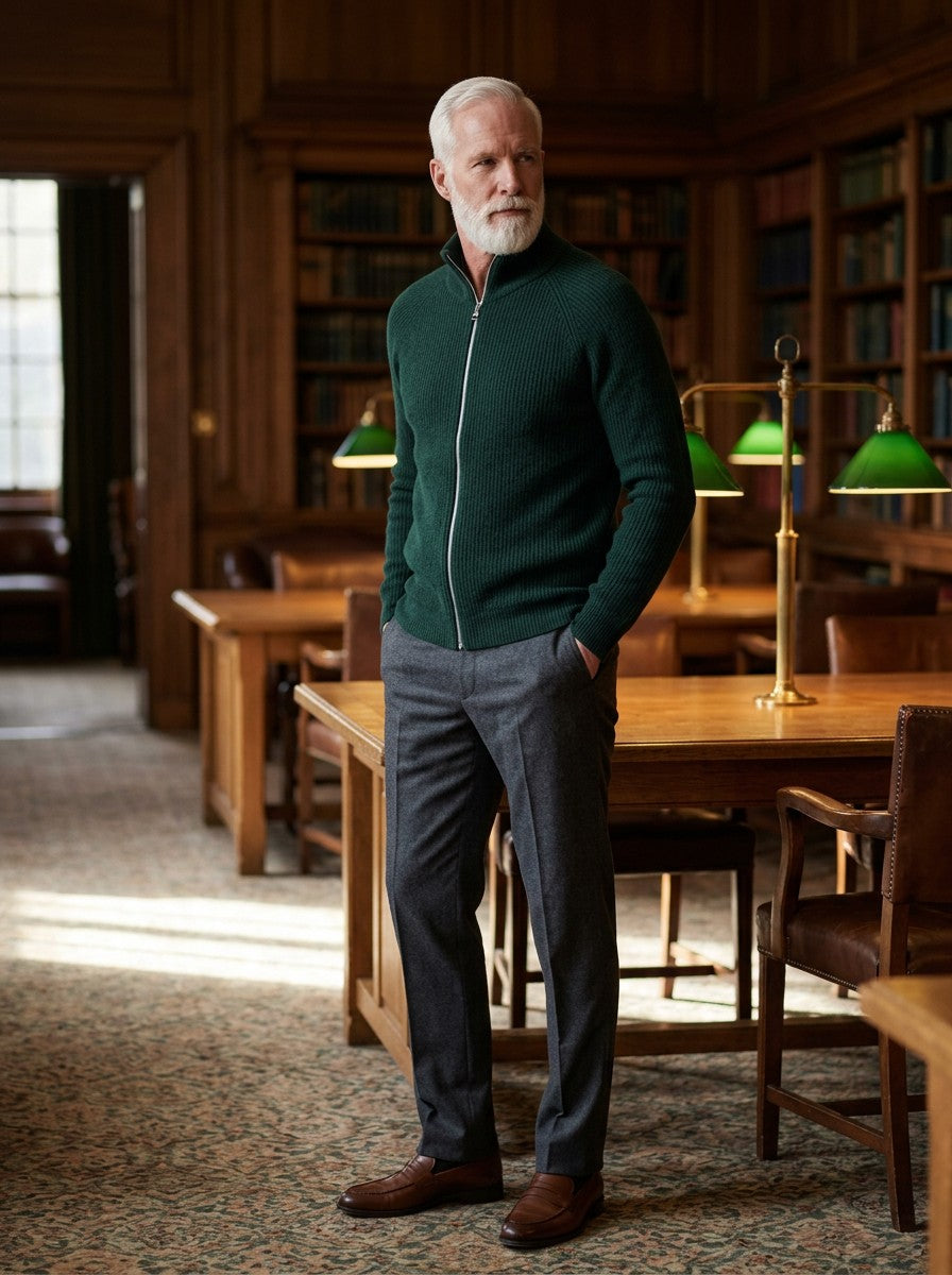 Garrick zip cardigan in Green, lifestyle, Gentlemens Manor