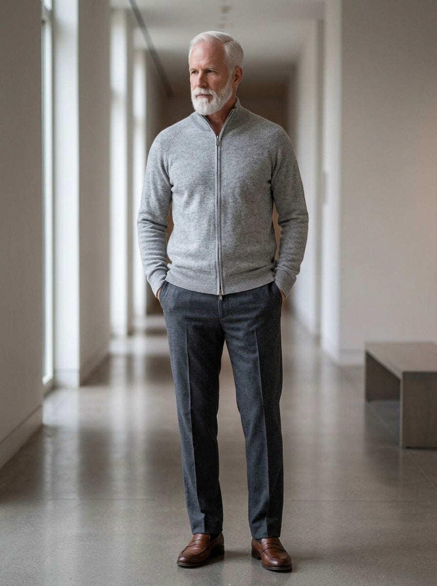 Garrick zip cardigan in Grey, lifestyle, Gentlemens Manor