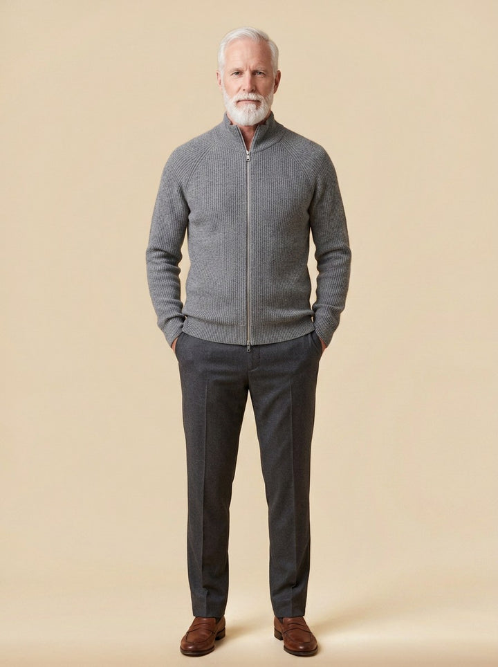 Garrick zip cardigan in Grey, studio, Gentlemens Manor