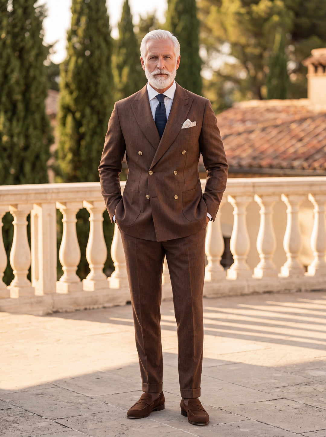 Garrison Men two-piece suit in brown, worn by a model in a Mediterranean setting - Gentlemens Manor lifestyle