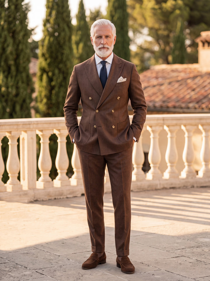 Garrison Men two-piece suit in brown, worn by a model in a Mediterranean setting - Gentlemens Manor lifestyle